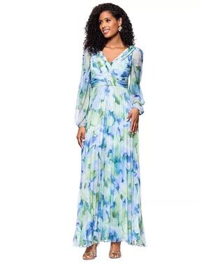 Betsy & Adam Blue and Green Watercolor Floral Long-Sleeve Maxi Dress